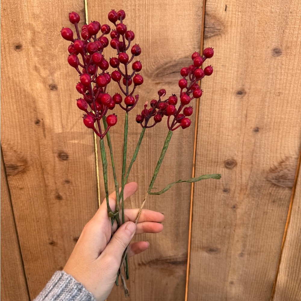 6 faux Red holly Berry Stems - Festive Home Accent Christmas holiday